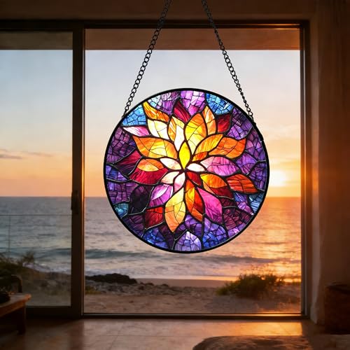 Purple Gradient Flower Stained Glass Window Hanging Gifts for Women 6.3" (Purple Orange / 6.3x6.3 IN)