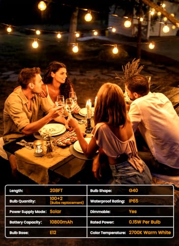 208FT 102LED Solar String Lights Outdoor with Remote & USB Port (208 Foot)