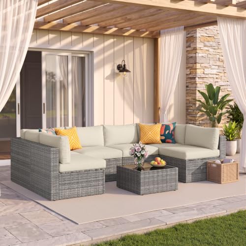 Patio Sectional Furniture Set (Beige-1 / 7-Pieces)