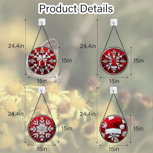 Stained Glass Window Hanging 4 Pcs Set Red Christmas Decorations Theme Large 15" (4-piece Red Christmas Set / 14.9x14.9 IN)