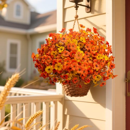 16 Bundles UV Resistant Artificial Fall Flowers Faux Mums for Outdoors (Yellow Orange)