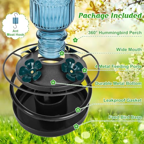 Glass Hummingbird Feeder for Outdoors Hanging (Blue)