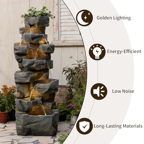 58" H Cascading Realistic Rock Outdoor Water Fountain with 7 Tiers (58H / Gray-3071)