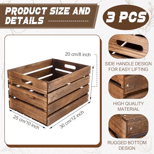 3 Pack 12'' Large Wood Crates Box for Storage Display (Rustic Brown / 12 Inch)