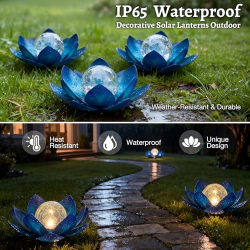 Solar Lights Outdoor Garden Decoration Crackle Globe Glass Waterproof LED Metal Blue Lotus Flowers Gift for Mom (BLUE2)