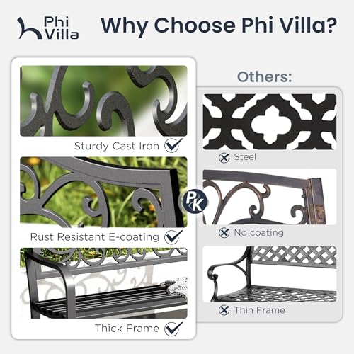 43 Inches Cast Iron Steel Frame Outdoor Garden Bench (Black-floral Back)