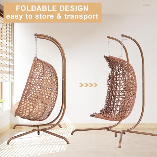 Double Swing Egg Chair with Stand (Double Seat-bronze Frame + Beige Cushion)
