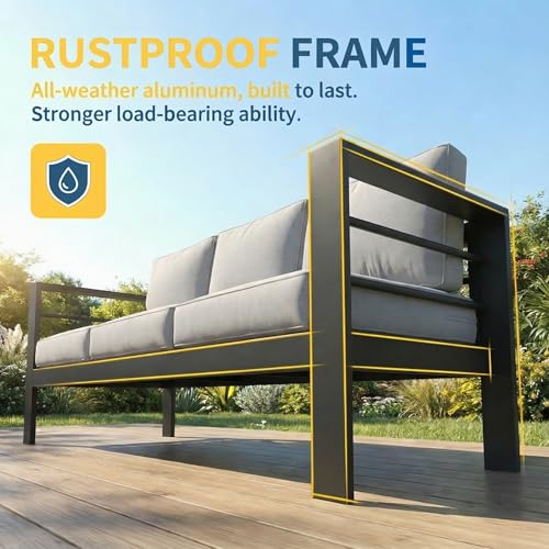 Aluminum Patio Furniture Set for All Weather (Black and Light Gray / 2 Armchair+Loveseat+3-Seat Sofa+Wood Top Table)
