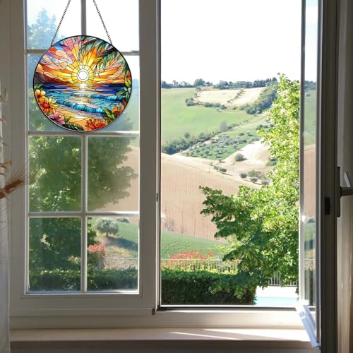 Beach Sunset Sun Catcher Stained Glass Window Hanging 6'' (Beach Sunset / 5.91inch)
