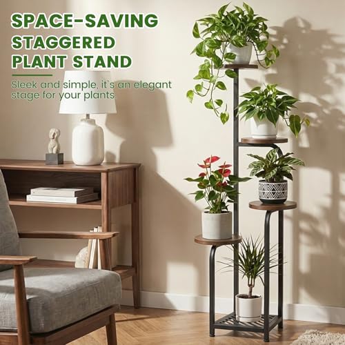 Tall 5 Tier Corner Plant Stand Indoor (Wood + Black / 5-Tier Square Base)