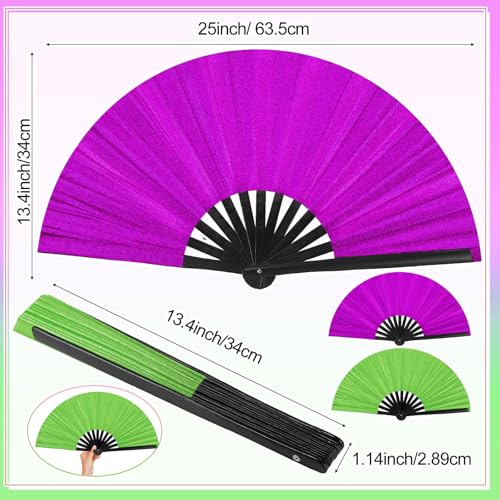 2 Packs Large Folding Hand Fans (Glitter Purple and Green)