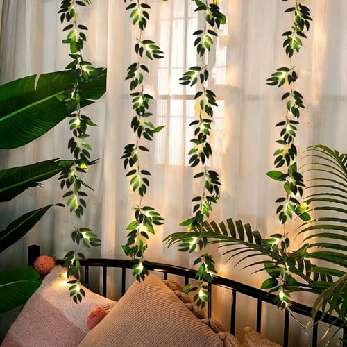 Faux Willow Leaves String Lights 2Pcs 7.5FT 20LED Battery Operated (Green Light Willow)