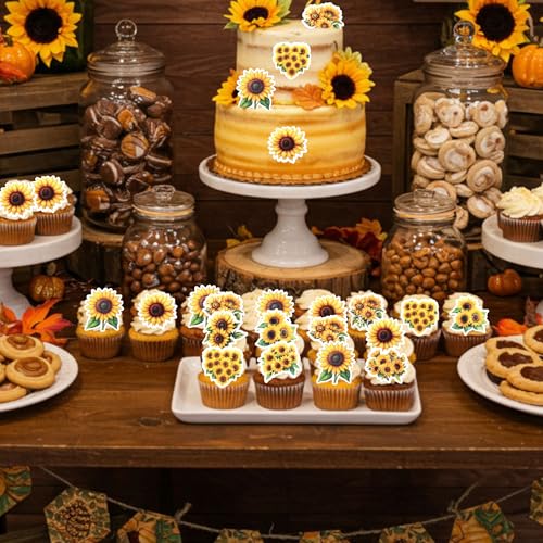 63 PCS Edible Sunflower Cupcake Toppers Wafer Paper Flower Party Cake Toppers Decorations Edible Sunflower Cupcake Picks for Baby Shower Wedding Birthday Party Cake Decorations Supplies (Design 15)