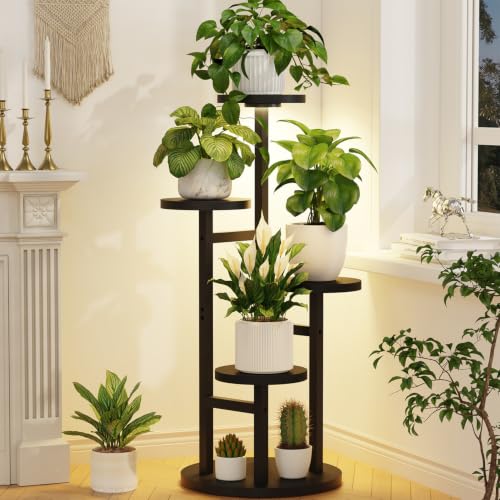 Wood Small Plant Stand Table Indoor Tall with Lights (Matte Black with Light / 4 Tier)