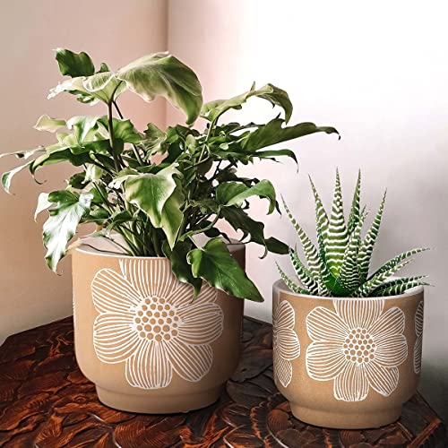 Ceramic Plant Pots (8+6 Inch / Modern Tan Floral)