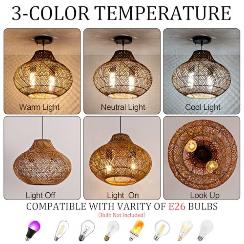 15" Rattan Pendant Light (Metal+Brown / 14.96" 2-Light)