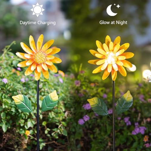 Solar Sunflower Wind Spinners Outdoor 2 Pack