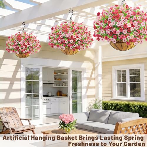 2 Set Artfiticial Hanging Flowers with Basket & Foam Outdoor (Pink Rose Red / 2 Pcs)