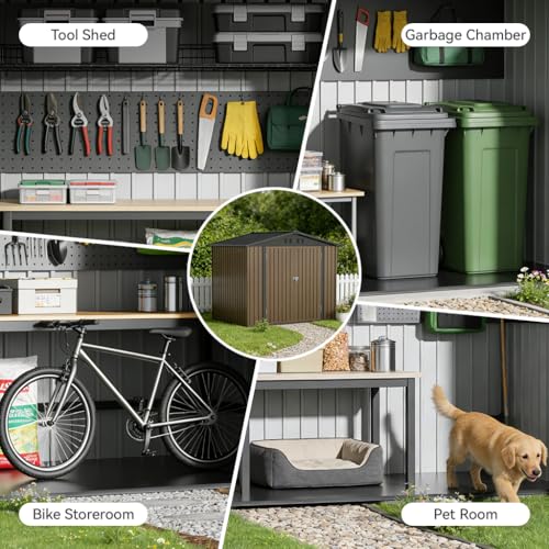 Shed Storage Outdoor Metal Windowed Lockable Weatherproof Ventilated Backyard Garden Utility Workshop (Brown / 8'*6')