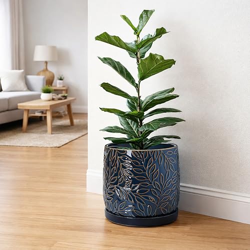 Embossed Leaves Ceramic Planter (10 Inch / Midnight Blue)