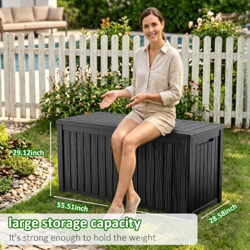 250Gal Large Outdoor Storage Box Waterproof Lockable Deck Boxes (Black / 250 Gallon)