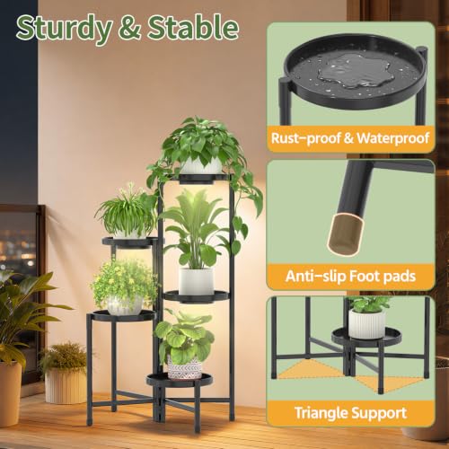 Plant Stand Indoor 10 Inch Large Tray With Lights (Black with Light / 5 Tier)