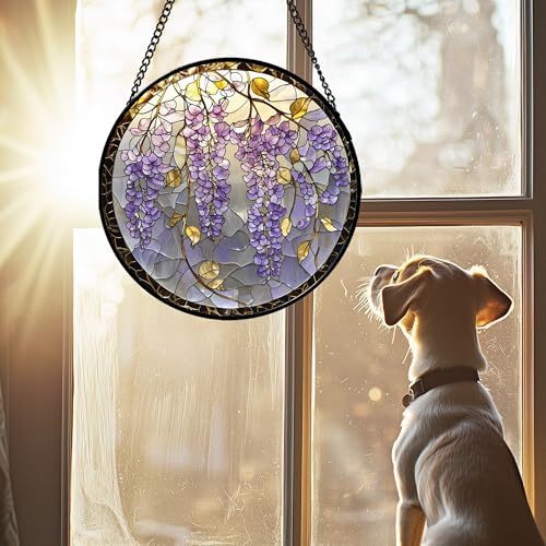 Wisteria Stained Glass Window Hanging Suncatcher Purple Gift for Women 6.3"
