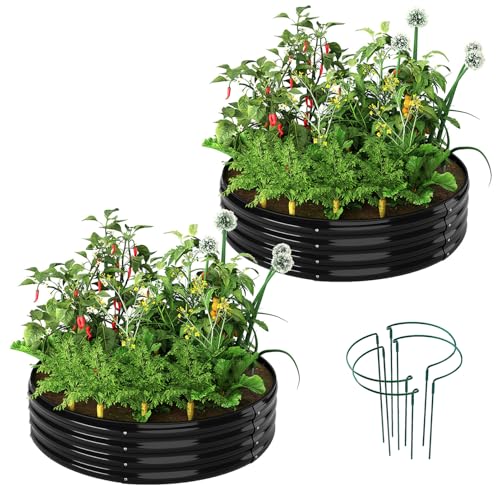 Galvanized Metal Planter Round Raised Garden Bed Kit for Gardening Outdoor (Black / 2x2x1FT（2pcs）)