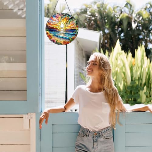 Beach Sunset Sun Catcher Stained Glass Window Hanging 6'' (Beach Sunset / 5.91inch)