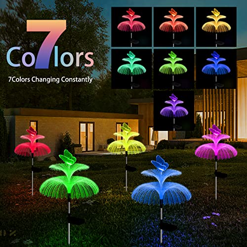 Solar Garden Lights Waterproof 6 Pack Solar Lights Outdoor Decorative 7 Color Changing Double Jellyfish and Butterfly Flower Yard Garden Decor Lawn Christmas Outside