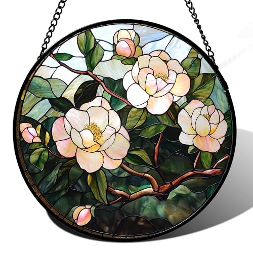 Pink Camellia Stained Glass Window Hanging Suncatcher Gifts for Women 15"