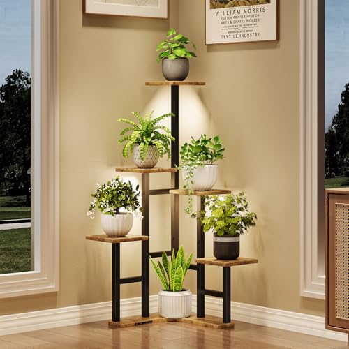 Corner Plant Stand Indoor with Grow Lights 6 Tiered Corner Plant Shelf (Rustic Brown(with Lights) / 6 Tier-Square)