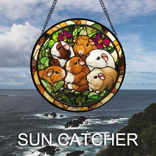 Guinea Pig Family Garden Stained Glass Window Hanging Suncatcher Gifts 12" (Brown and White / 11.8x11.8 IN)