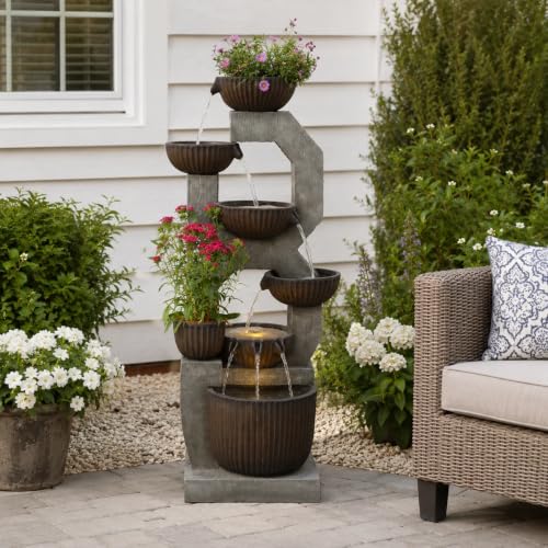 57'' H Tall Large Outdoor Water Fountain with Planter (Grey- 57 Inch)