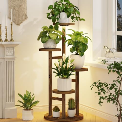 Wood Small Plant Stand Table Indoor Tall with Lights (Warm Brown with Light / 4 Tier)