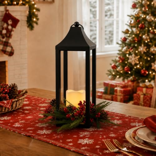 Black Metal Christmas Lantern with Flameless LED Candle Holiday Decor