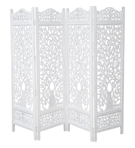 Room Divider Wooden Foldable Hand Carved Screens Panel 80" Wx72 H 4Panel (Antique White / 80"W x 72"H - Tree)