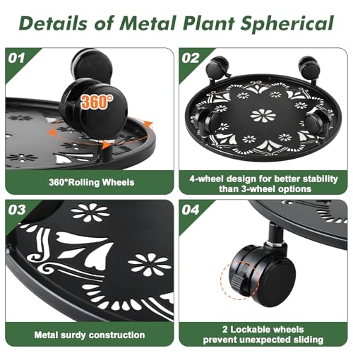 5 Pack Rolling Plant Caddy with Wheels 14 Inch Plant Rollers with Wheels Metal Plant Caddy with Wheels Heavy Duty Plant Stand for Large Plants Matte Black Rolling Planter Base 4 Wheels for Planters (14 inch)