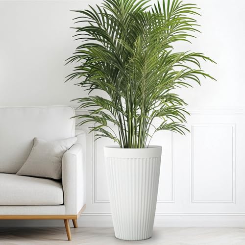 Autodaya 20" Tall Fluted Resin Planters Set of 2 with Drainage Holes (White Fluted-20"h)