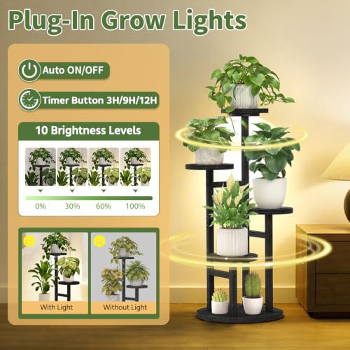 Wood Small Plant Stand Table Indoor Tall with Lights (Matte Black with Light / 4 Tier)