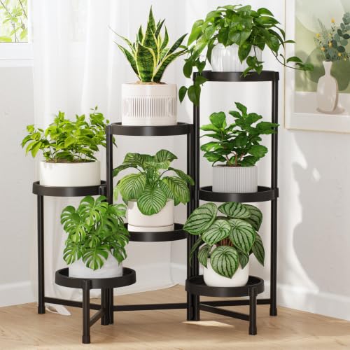 Plant Stand Indoor Outdoor with Large 10 Inch Plastic Tray (Onyx Black with Large Tray / 7 Tier)