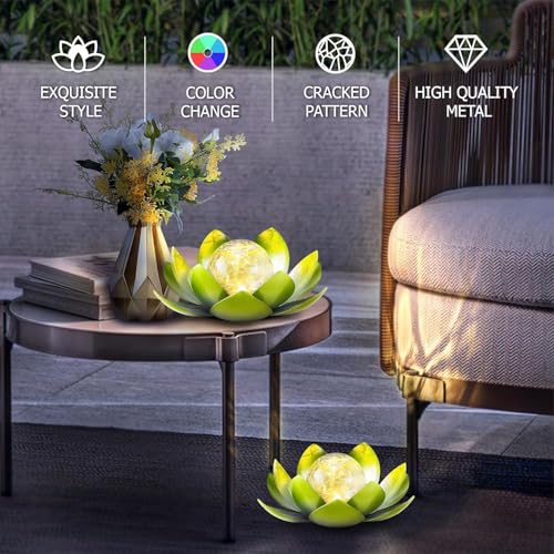 Solar Lights Outdoor Garden Decoration Crackle Globe Glass Waterproof LED Metal Green Lotus Flowers Gift for Mom (Green)