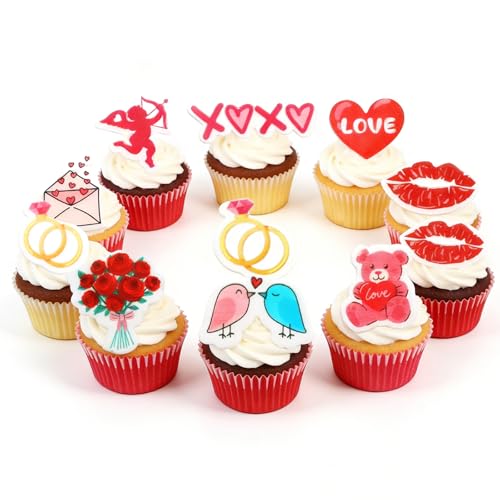 65PCS Valentine's Day Edible Cupcake Toppers & Cake Decorations Romantic Wafer Paper Assortment with Hearts (Red)