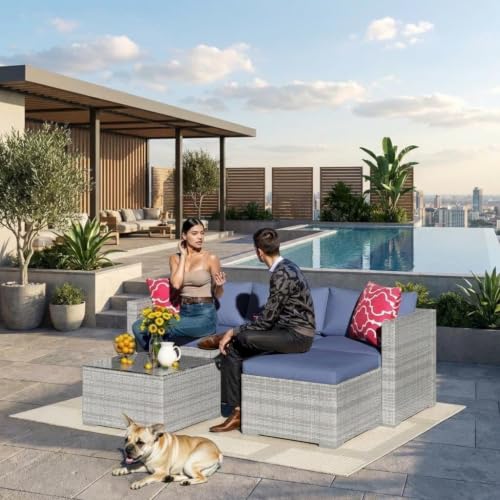 5 Piece Outdoor PE Wicker Patio Sofa Set (Grey/Blue / 5 Pieces)