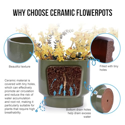 Ceramic Plant Pots Set of 3 Size (Earthy Green)