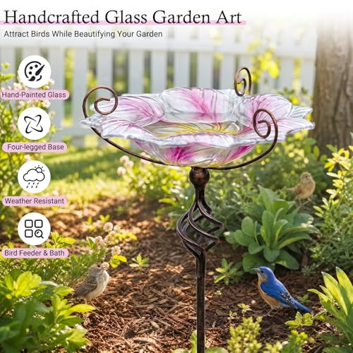 Glass Bird Bath Outdoor Bird Feeder with Metal Stake Garden Decor (Pink)
