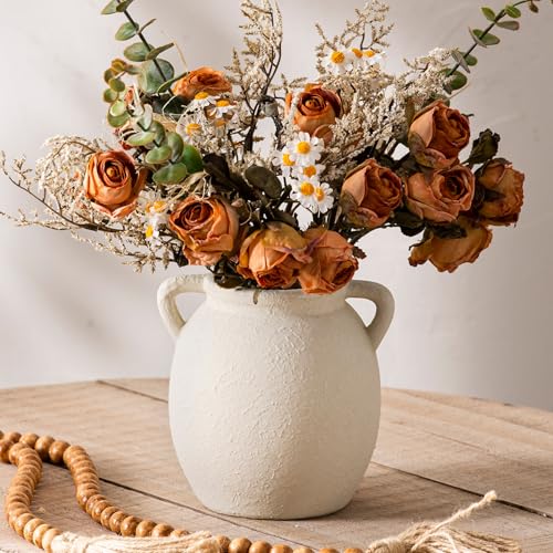 Ceramic Flower Small Vase 6 inch Farmhouse Rustic Vase Decorative Pottery Terracotta Vases for Home Decor Table Mantle Fireplace Living Room Bathroom Wedding Centerpiece (S-antique Off White)