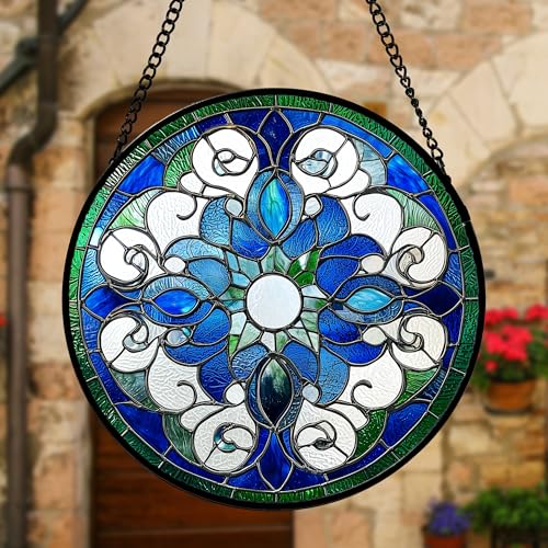 Blue Floral Mandala Stained Glass Window Hanging Suncatcher Gifts 12"