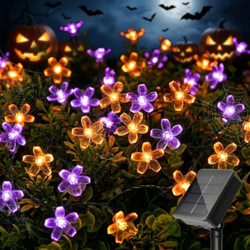 Solar Flower String Lights Outdoor Waterproof 50 LED Fairy Lights (Purple & Orange / 1 Pack)