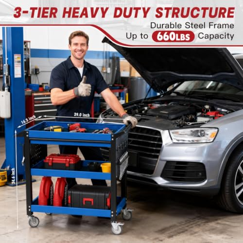 3 Tier Heavy Duty Metal Rolling Tool Cart with Drawers (Blue Black With Drawers)